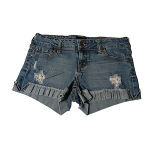 Celebrity Pink Distressed Denim Shorts Medium Wash Frayed Cuffed Low Rise 3/26